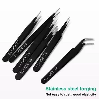 6 шт., высокопрочные пинцеты с различными характеристиками, антистатические антистатические ESD пинцеты для электронного ремонта из нержавеющей стали чёрный
