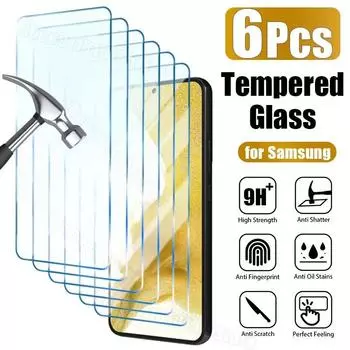 6 шт. закаленное стекло для Samsung S23 S22 Plus A54 A34 A14 A24 A12 A72 A52 Защитная пленка для экрана для Samsung A53 A73 A33 A23 A32 A13 5G For Samsung A12 чёрный