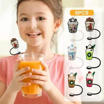 6 шт. Защитные заглушки для трубочек с защитой от пыли, безвкусные, без BPA, многоразовые, пылезащитные, силиконовые, с мультяшным дизайном, подарочные крышки для трубочек 6pcs