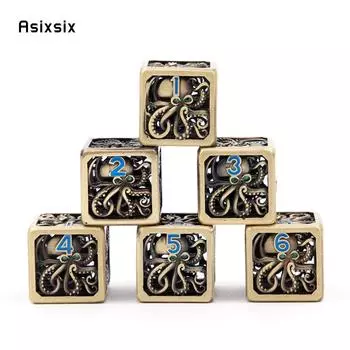 6 шт. желтый, синий металлический кубик в виде кальмара, набор полых металлических многогранных кубиков, подходящий для ролевой игры, настольной игры, карточной игры разноцветный