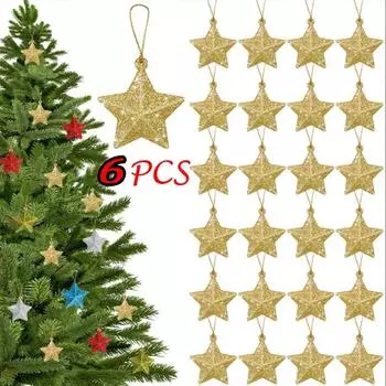 6 шт. золотые блестящие звезды украшения Рождественская елка подвесной кулон 2024 рождественские украшения для дома Navidad Новогодняя вечеринка DIY подарок 6PCS-5cm красный