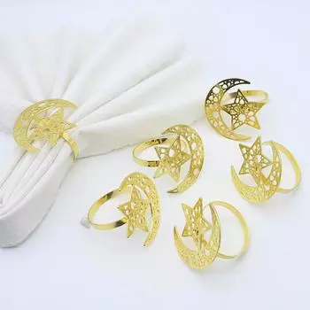 6 шт. золотых серебряных колец для салфеток на праздник Рамадан, украшение стола, исламская мусульманская вечеринка, луна, звезда, пряжка для салфеток, подарки на праздник Рамадан
