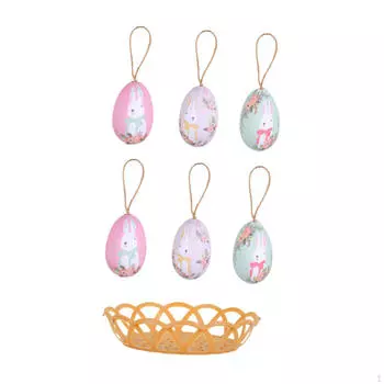 6 штук пасхальных яиц украшения красочные украшения Друзья Подарки для вечеринок с корзиной для подвешивания White Bunny Print