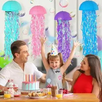 6 штук в упаковке с медузами, градиентные синие бумажные фонарики на тему океана, украшения для пляжа, бассейна, классной комнаты, подвесной декор для вечеринки по случаю дня рождения русалки розовый