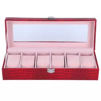 6 Slot Watch Box PU Leather Rectangular Wristwatch Display Case Storage Organizer Wine Red