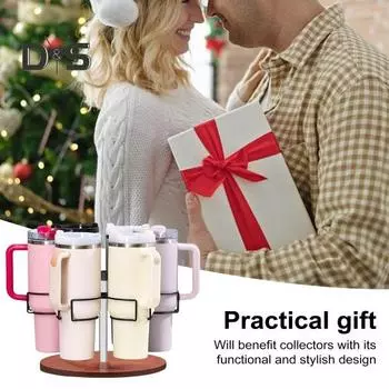 6-слотовый вращающийся держатель для стакана 40 унций с ручкой Прочная металлическая подставка-органайзер Деревянное основание Нескользящие накладки Кухонные принадлежности чёрный