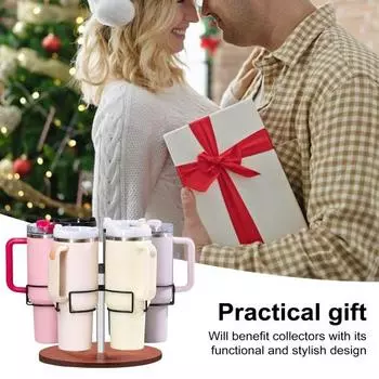 6-слотовый вращающийся держатель для стакана 40 унций с ручкой Прочная металлическая подставка-органайзер Деревянное основание Нескользящие накладки Кухонные принадлежности чёрный