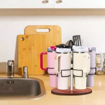 6-слотовый вращающийся держатель для стакана 40 унций с ручкой Прочная металлическая подставка-органайзер Деревянное основание Нескользящие накладки Кухонные принадлежности чёрный