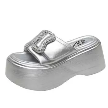 6 см каблуки толстые сандалии женские без застежек на высокой платформе пляжные тапочки женские летние толстые кожаные шлепанцы Sandalias Mujer 34 чёрный