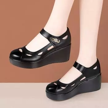 6 см Маленький размер 33-43 Удобная мягкая кожа Туфли на платформе с мелким вырезом 2025 Осень Средний каблук Клинья Туфли Женские для Офиса Мамы 33