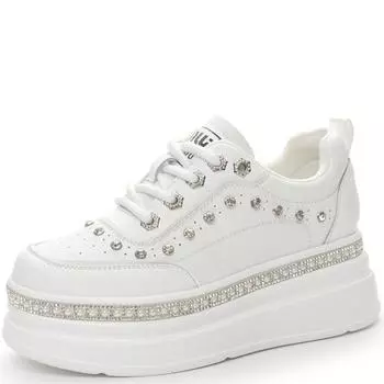 6 см натуральная кожа женская мода повседневные блестящие толстые кроссовки на платформе танкетке вулканизированные осенне-весенние скрытые каблуки женская обувь 34 белый