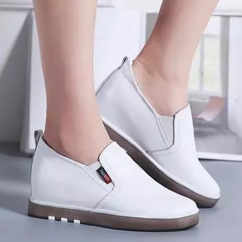 6 см натуральная кожа женские модные туфли на танкетке на платформе сексуальные скрытые каблуки на платформе нескользящие плоские повседневные туфли на плоской подошве белые 35 чёрный