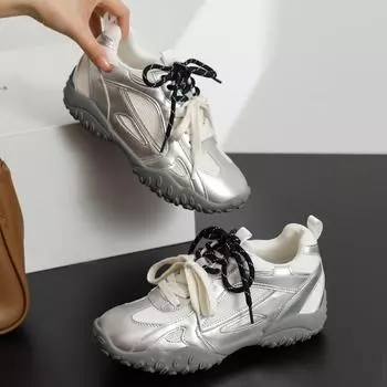 6 см увеличения роста, маленькие туфли Forrest Gump для женщин, весенние и летние туфли на платформе для спорта и отдыха из сетчатой дышащей кожи, немецкие тренировочные туфли 35 серебряный