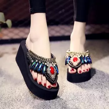 6 см высокие каблуки тапочки женские летние модные шлепанцы на платформе танкетке нескользящие шлепанцы 35