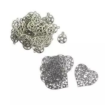 6 тибетских серебряных филигранных подвесок в форме сердца + 50 подвесок с пентаклями, рождественский подарок as described