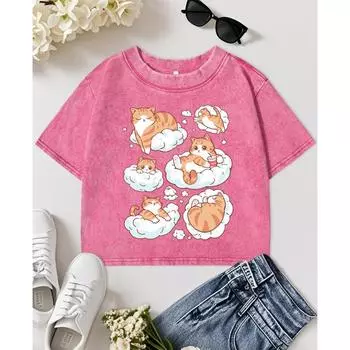 6 Удобных Поз Лежа Для Кошек Принтованные Женские Выстиранные Футболки Хлопковая Футболка с Круглым Вырезом Y2K Облегающая Женская M