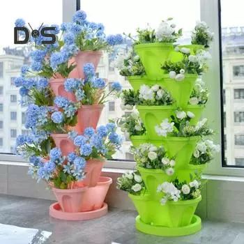 6-уровневая штабелируемая вертикальная кашпо башня для внутреннего и наружного садового кашпо с подвижными колесами и нижним поддоном для клубники и трав зелёный