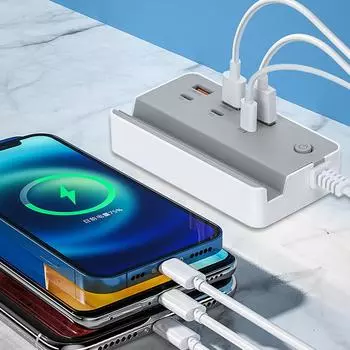 6 в 1, 35 Вт, настольный удлинитель с 3 портами USB, 3 типа C, держатель для телефона, быстрая зарядка, несколько портов зарядки для планшета, ноутбука White US-Plug