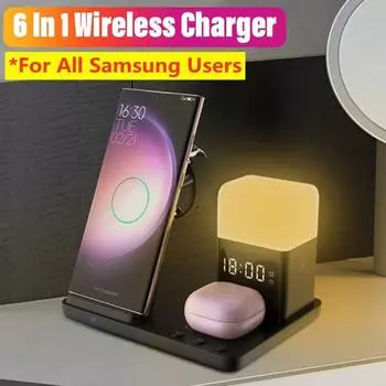 6 в 1, беспроводное зарядное устройство, будильник, ночник, станция быстрой зарядки, док-станция для Samsung S23 S22 Galaxy Watch 6 5 4 3 2 Buds чёрный