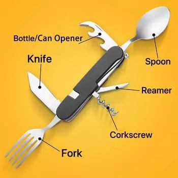 6 в 1 Многофункциональная походная посуда Столовые приборы Многоразовая портативная посуда из нержавеющей стали Складная вилка Нож Ложка Штопор Открывалка для бутылок чёрный