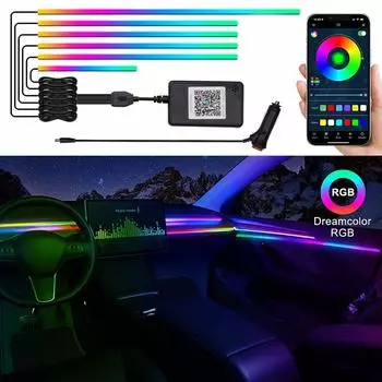6 в 1 светодиодная RGB-полоса для салона автомобиля, приборной панели, двери, атмосферные лампы, звуковое приложение, активный комплект освещения для ног под землей 2.4W