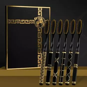 6 зубных щеток премиум-класса с черными и золотистыми узорчатыми ручками - Мягкая нейлоновая щетина на всей головке для бережной чистки, набор ручных зубных щеток без запаха