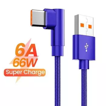 Кабель для быстрой зарядки 6A 66W Type C USB для Samsung Huawei Xiaomi OPPO VIVO POCO, угловой, 90 градусов, игровой зарядный кабель 0.25m