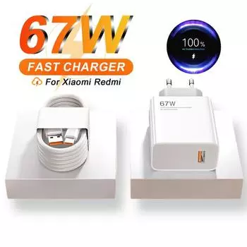6A 67W быстрое зарядное устройство USB для Xiaomi 10 11 12 Lite 13T 14 Redmi Note 10S 11S 11T 12 13 Pro POCO Turbo Charge кабель для зарядки Type C EU Plug - 1m Cable