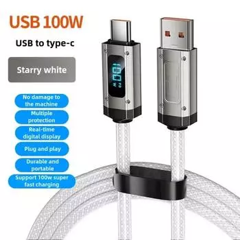 6A Быстрая зарядка Быстрая зарядка Кабель для передачи данных с цифровым дисплеем USB-кабель для передачи данных Передача данных 2m-Black C-C