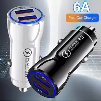 6A QC3.0 Двойное быстрое автомобильное зарядное устройство USB: Мини-адаптер для зарядки одного телефона на два 6A Fast Charge чёрный