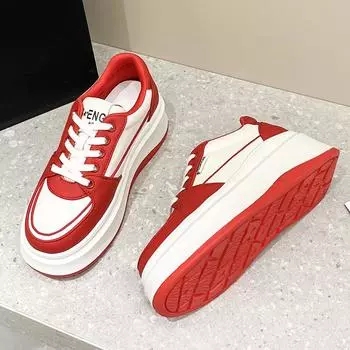 6 см черно-белые кроссовки Panda на толстой подошве, высокие, маленькие белые туфли, женская обувь из натуральной кожи, новые повседневные туфли с большим носком для женщин 35 красный