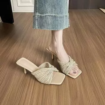 6CM French Square Head Woven High-heeled Slippers Women s Outer Wear Temperament Thin Heel Open-toed Sexy Women s Shoes 34