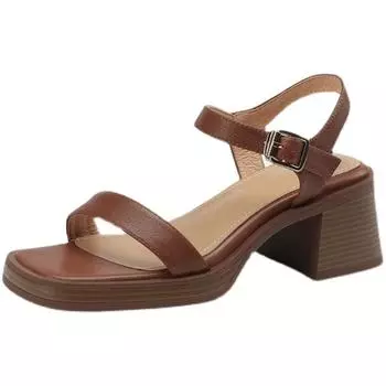 6CM Pu Leather Sandals Block High Heels Women Roma Sandals Open Toe Retro Buckle Sandals Ankle Strap Trend 34 коричневый