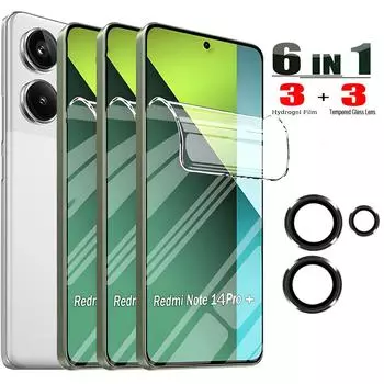 6IN1 [3+3] Гидрогелевая мягкая пленка для Redmi Note 13 4g 5g 13 Pro 5G 13 Pro+ 5G Закаленное стеклянное кольцо для объектива камеры Защитная пленка Note 13 Pro Plus 5G RedMi Note 13 Pro+ 5G белый
