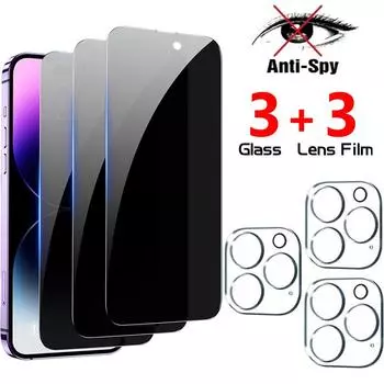 6IN1 [3 Privacy Glass+3 Lens Glass] Антишпионская защитная пленка для экрана iPhone 16 15 14 13 12 PRO MAX ProMax Plus mini Полное покрытие Антишпионское стекло Private For iphone 13 Pro чёрный
