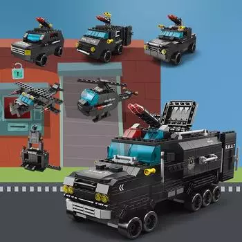 6in1 SWAT Police Command Truck Строительные блоки Городской вертолет Кирпичи Комплект Развивающие игрушки для детей Warship-563Pcs