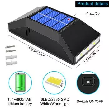 6Leds Zonne-Wandlamp Op En Neer Lichtgevende Verlichting Tuin Straat Decoratie Licht Buiten Waterdicht Tuinlandschap Lamp