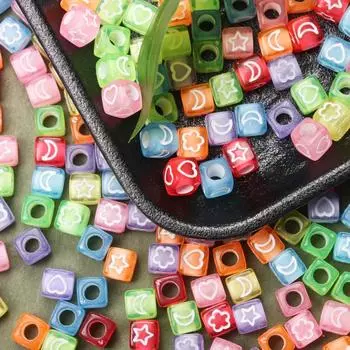 6mm 80pcs Star Moon Flower Heart Square Cube Gold Color Acrylic Loose Beads For Jewelry Making DIY Materials Accessories