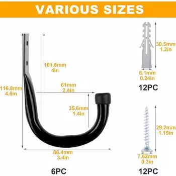 6Pack Heavy Duty Garage Hooks for Hanging Large Garage Storage Hooks for Extension Tools Cable Utility Hooks