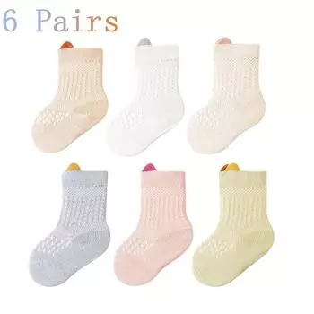6Pairs/Lot Summer Thin Cotton Baby Mesh Socks Newborn Mid Tube Socks Cute Contrast Ear Kids Girls Socks Cool Toddler Girls Socks 1-3Y M