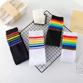 6Pairs Mid-calf Rainbow Tube Sock Y2K Cotton Socks Soft Rainbow Stripes Socks Women Men 6Pairs