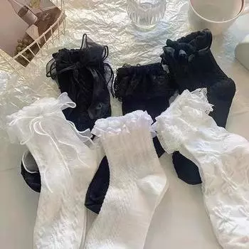 6Pairs White Socks Women Summer Mid Sleeve Jk Uniform Socks Japanese Cute Lolita Solid Color Sweet Lace Socks 6pairs