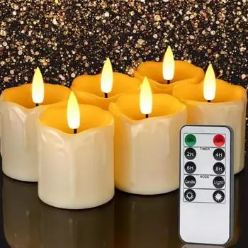 6Pc Real Wax LED Tea Light Candles with Timer 300+Hour Realistic Black Wick Battery Operated Candles for Wedding Christmas Decor 1 Set