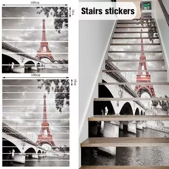 6pcs/13pcs Stairway Decal Stickers City Tower Scenery Removable Self-adhesive Staircase Decor PVC Creative 3D Stair Stickers