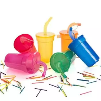 6pcs 380ml Neon Sipper Cups Leak-Proof Expandable Straw Spill-Proof Cups with Lids and Straws Colorful Drinking Cup