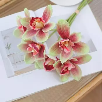 6pcs 6 Heads Artificial Cymbidium Flowers Realistic Magnolia Branches Home Living Room Decor Style 5