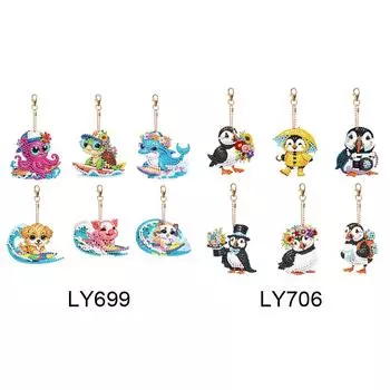 6Pcs Acrylic Double Sided Animal Diamond Art Keyring Diamond Painting Keychain LY699