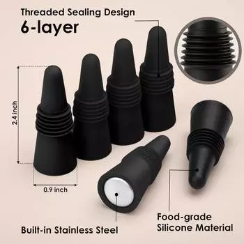 6PCS Black Silicone Wine Bottle Stopper with Threaded Seal Ring and StainlessTop, Suitable for Wine Bottles