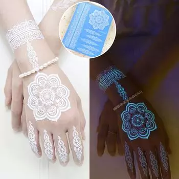 6Pcs Blue glowing tattoo sticker girl, tribal white lace lotus tattoo mandala flower fake jewelry pendant pattern, shining water