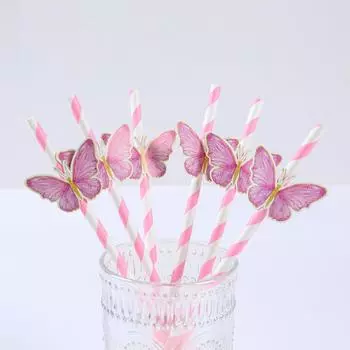 6pcs Butterfly Birthday Paper Straw Wedding Birthday Party Decorations Kids Baby Shower Girls 1st Birthday Party Suppiles